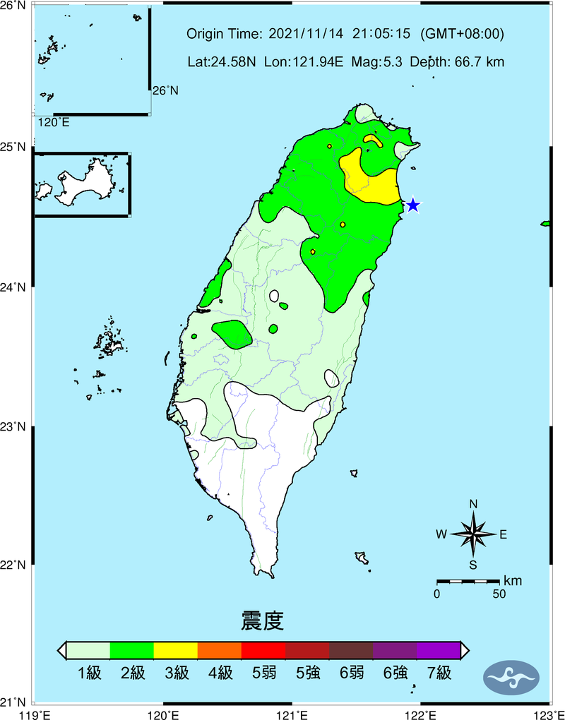 昨晚9點5分地震，可看出台北市只有一小塊區域為震度3級範圍。（圖擷取自中央氣象局）