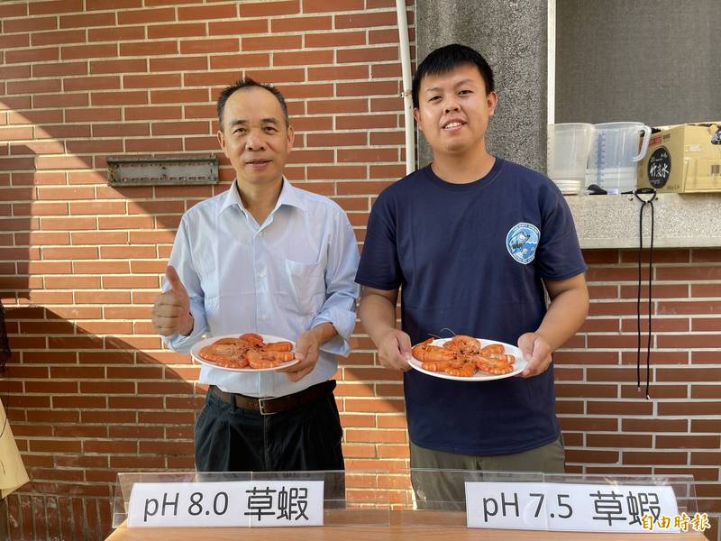 中山大學海洋科學院院長洪慶章（左）端著目前正常海水pH值8.0養殖的草蝦，而博士生謝學函（右）手上為pH7.5酸化養殖的草蝦，經比較後，海水酸化會造成草蝦的風味抵打折。（記者許麗娟攝）