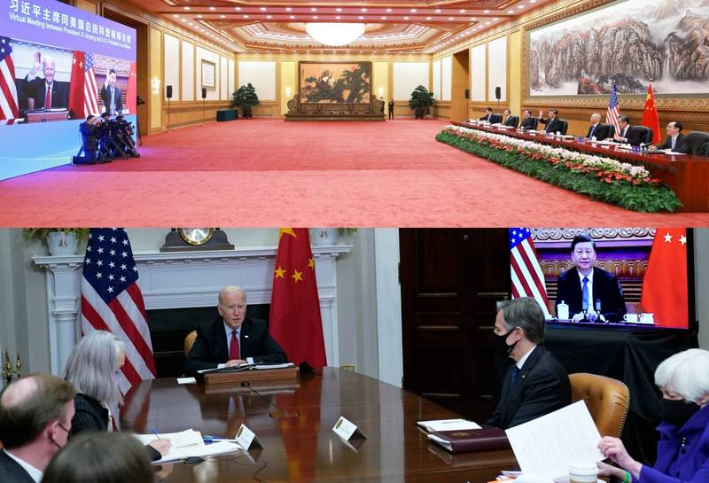 美國總統拜登與中國國家主席習近平視訊會議今天上午登場，雙方視訊場地大不相同。（美聯社，本報合成）