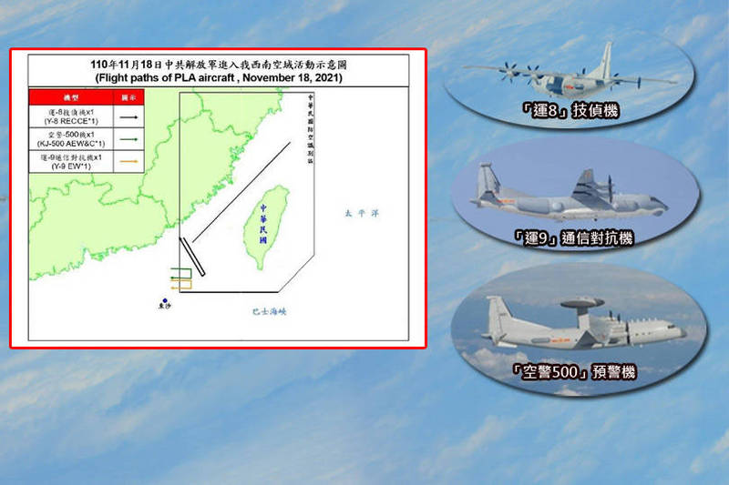 中國解放軍3架次軍機擾我西南空域。（國防部提供，本報合成）
