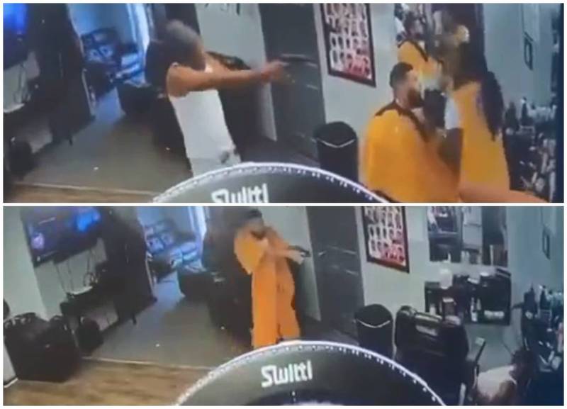 美國馬里蘭州近期1名38歲男子持槍前往當地理髮廳，先開槍射殺髮型師後，卻突然好心放過正在剪髮的男性顧客，未料當他起身走到一旁閃避時，卻突然掏出手槍擊斃男嫌。（圖擷取自推特）
