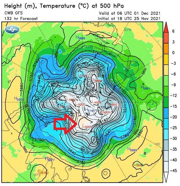 氣象局長鄭明典指出，模式模擬發現北極低溫區分出3大股「極地渦旋」，其中一股往東亞接近的最冷，且低壓環流最完整，是主要的「極地渦旋」。（圖取自鄭明典臉書）