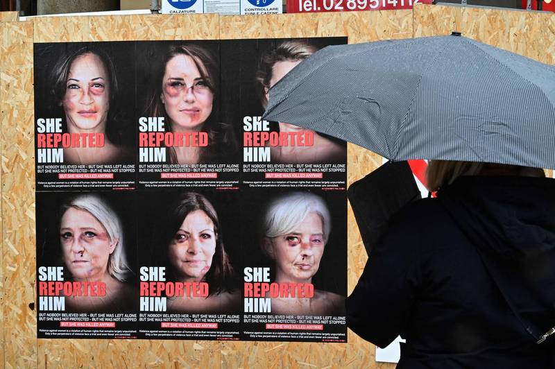 義大利藝術家帕倫博將歐美多位女性名人的照片「P圖」製成家暴警示海報，外媒揭露修圖變造一事並未經過本人授權。（法新社）
