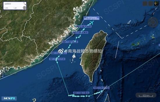 美国海军P-8A路线绕过台湾。（翻摄自南海战略态势感知推特）(photo:LTN)