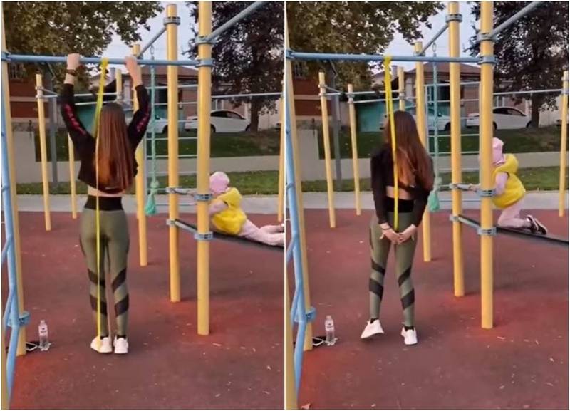 一名女子正在公園玩彈力繩，不料下秒彈力繩滑掉向上彈，直擊女子胯下部位，讓不少網友直呼「卡到陰了」、「用看的都好痛」。（翻攝自臉書社團，本報合成）