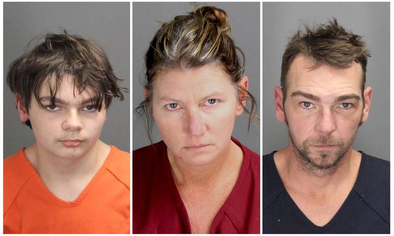 美國牛津高中槍擊案釀4死7傷，15歲槍手克朗布里（左）、母親珍妮佛（中）及父親詹姆斯（右）目前均被逮捕，詳細案情仍由警方調查中。（路透）
