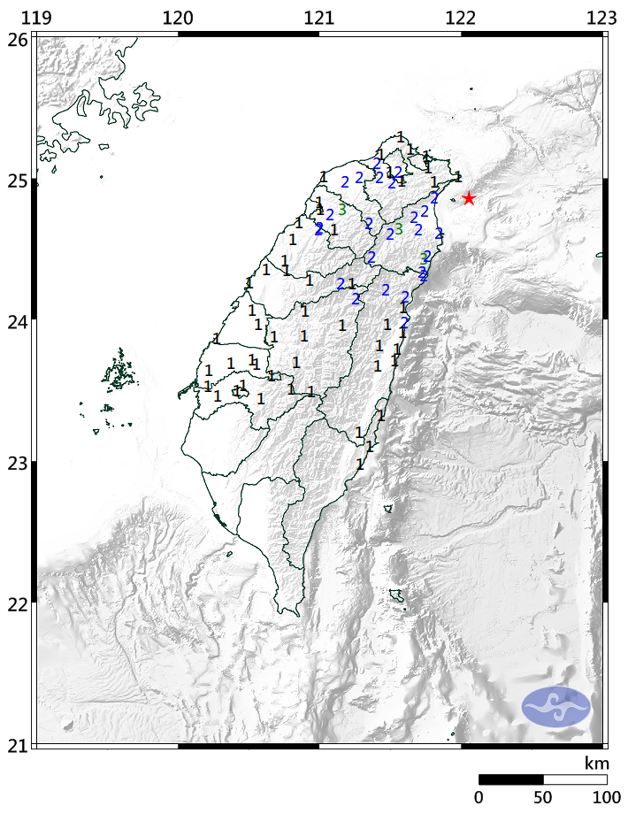 晚間9點05分宜蘭外海發生芮氏規模5.3地震，最大震度為宜蘭縣、新竹縣3級。（圖擷取自氣象局）