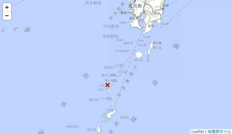九州南方的吐噶喇列島，自4日起至7日已發生177次地震。（圖擷取自日本氣象廳）