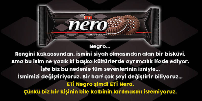 屹立60年的土耳其知名食品品牌Eti，本月宣布將旗下巧克力餅乾產品「Negro」改名為「Nero」。（圖取自Eti官方推特@eti）