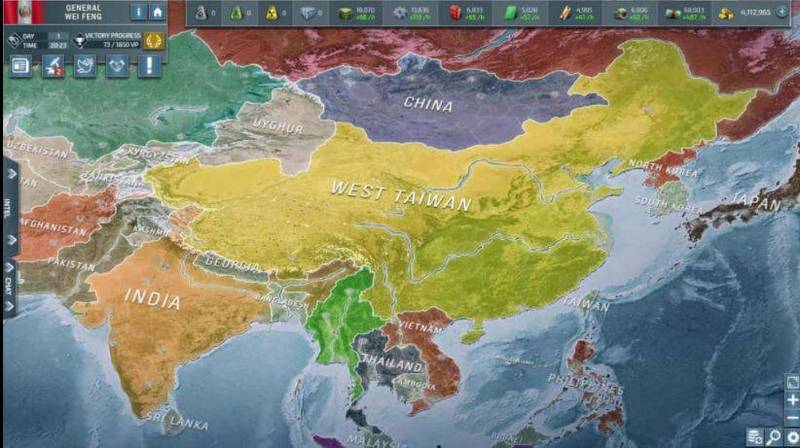 Bytro的電玩遊戲「國家衝突：第三次世界大戰」（Conflict of Nations: WW3）近年推出手機板，近日有網友發現，遊戲廣告中的世界地圖，竟將中國寫為「西台灣」。（擷取自臉書）
