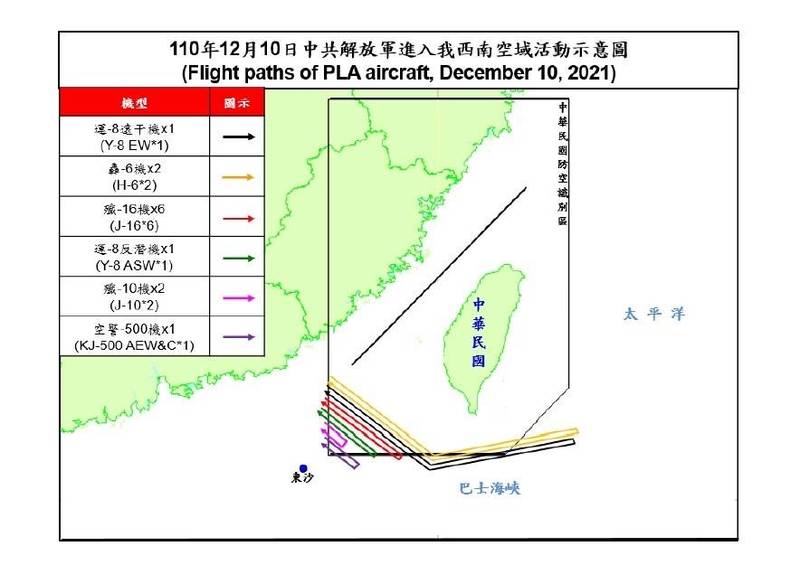 中共１３架軍機擾我西南空域。（國防部提供）