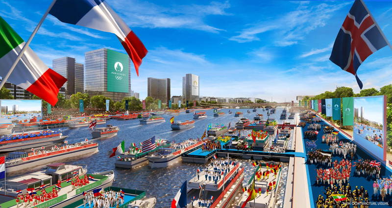 2024年的巴黎奥运将破天荒将运动员进场式搬到塞纳河上，各国国手们坐船顺流进场。图为巴黎奥运进场情境图。（路透）(photo:LTN)