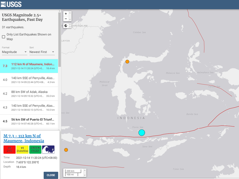 印尼弗洛雷斯島毛梅雷以北91公里近海，在台灣時間今日上午11時20分許發生芮氏規模7.3地震。（擷取自USGS）