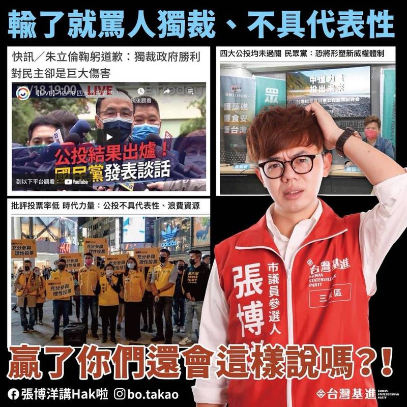 台灣基進新聞部主任張博洋批評國民黨、民眾黨、時代力量對公投結果的說法。（記者王榮祥翻攝）