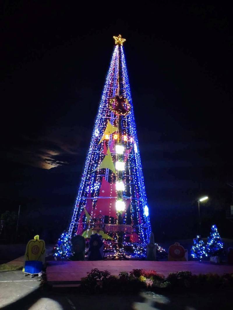 南投信義鄉羅娜村慶祝耶誕，點亮25公尺高的耶誕樹，營造過節氣氛。（信義鄉公所提供）