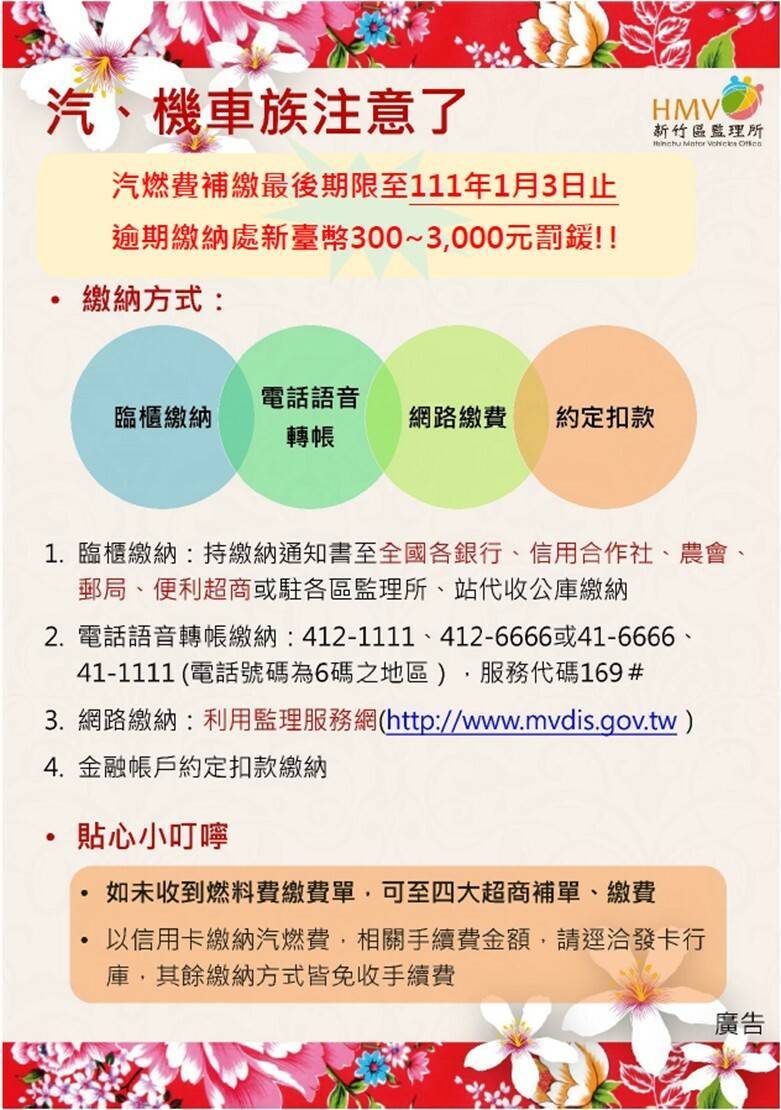 今年度汽、機車燃料使用費開徵期已過，桃竹苗地區尚有13萬餘件未繳，新竹區監理所提醒車主留意，以免欠費遭罰鍰甚至移送強制執行。 （新竹區監理所提供）