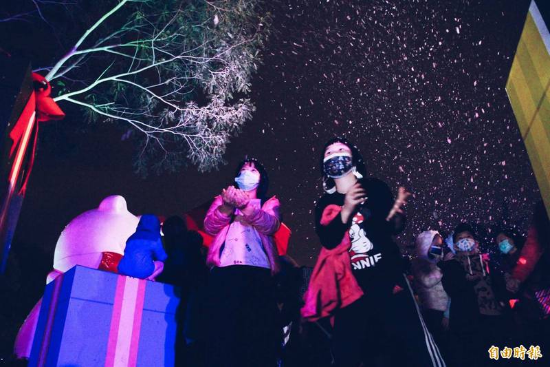 嘉義市耶誕節夜晚下雨，北香湖公園的沉睡大白熊晚間雪花燈光秀仍吸引不少民眾參與。（記者林宜樟攝）