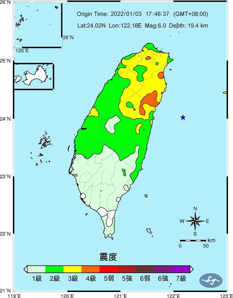 今晚約5點46分於花東外海發生芮氏規模6.0地震，圖中橙色色塊為震度達4級區域。（氣象局提供）