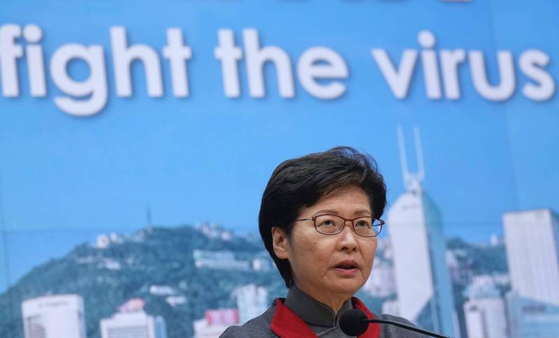香港特首林鄭月娥5日在記者會上宣布防疫措施升級。（美聯社）