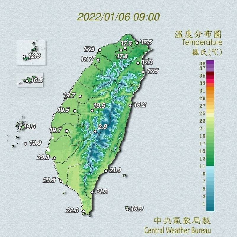 東北季風今天增強，北部未來一週偏涼冷。此為全台主要測站溫度數值。（中央氣象局提供）