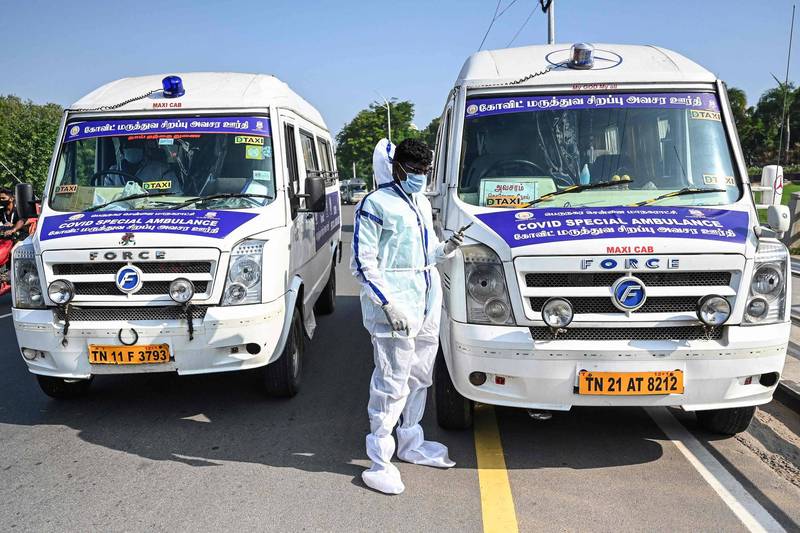 阿姆利则市的官员指出，有4名确诊的义大利旅客在送医后落跑。图为印度专门运送武肺病患的特殊救护车。（法新社）(photo:LTN)