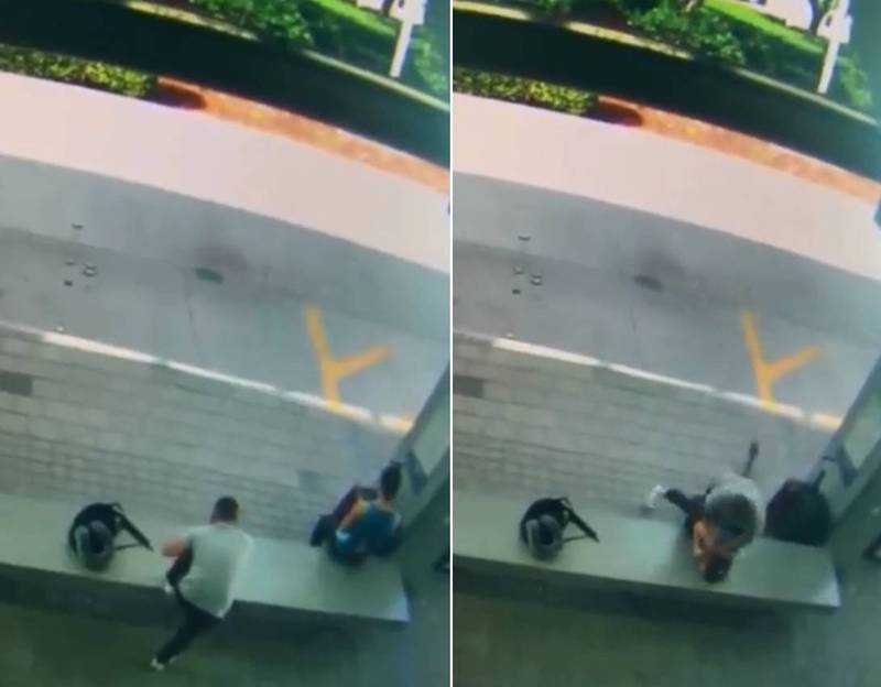 一名女子在公车站坐着滑手机，没有留意到背后的27岁男性意图不轨，竟想拿鞋带把她勒毙。（翻摄推特）(photo:LTN)