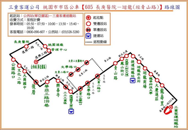 605長庚醫院－迴龍（經青山路）」營運路線圖。（交通局提供）