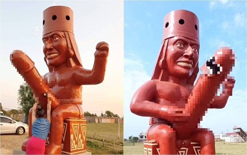 秘魯莫切市（Moche）一尊高約3公尺的雕像於上週展出，由於雙手握著約半尊雕像大小的「巨鵰」，吸引眾人目光，不過竟疑似惹惱衛道人士，半夜竟被人惡意在「小頭」位置打破洞。（翻攝自推特、臉書，本報合成）
