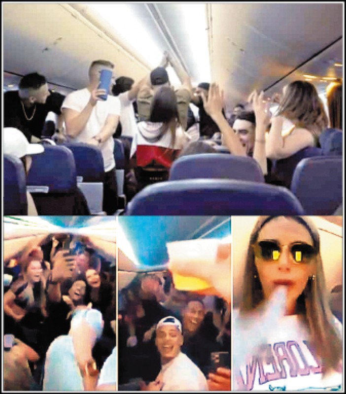 去年12月30日由加拿大搭乘私人包機飛往墨西哥跨年的「111私人俱樂部」130名乘客在去程機上嗨翻天，還有人抽電子煙，無視防疫規定。（取自網路）