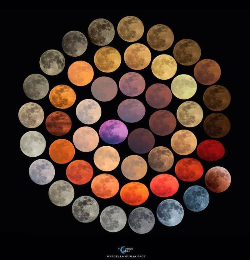 由於光線透過大氣中的灰塵、濕度影響產生折射，因此有了不同顏色的月亮。（圖取自IG@marcella_giulia_pace）