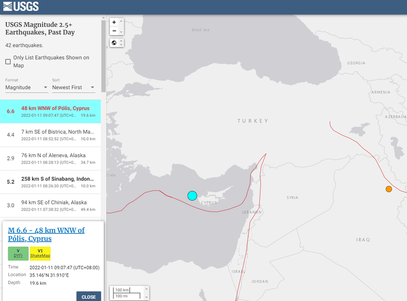 地中海东部岛国赛普勒斯（Cyprus）上午发生规模6.6强震。（撷取自USGS）(photo:LTN)
