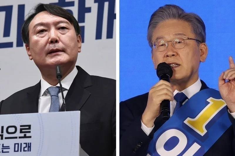 南韓總統大選倒數，在野黨候選人的尹錫悅（左），支持度止跌，並連2週超越執政黨候選人李在明（右）。（美聯社、路透）