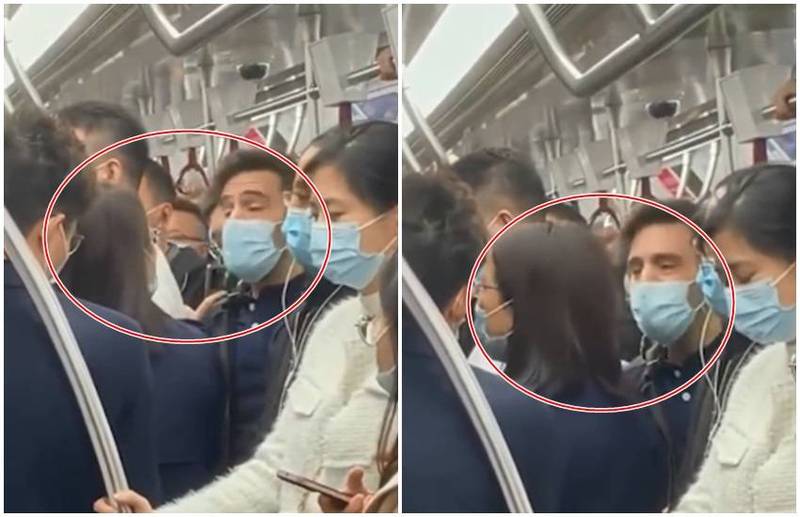 本月13日，深圳地铁一名中国大妈与一名外国男子吵架。（图飜摄自微博）(photo:LTN)