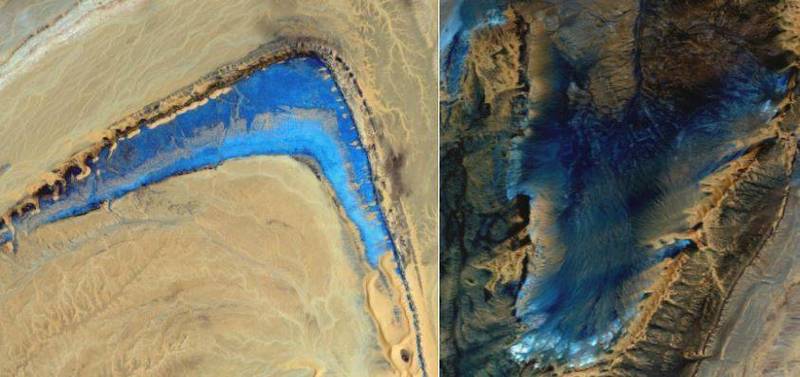 一名國外網友近日在Reddit論壇發表幾張Google衛星照片，表示在撒哈拉沙漠上，發現一片藍色區域，其中一大片區域更呈現「倒過來的勾勾」圖案。（擷取自Reddit）