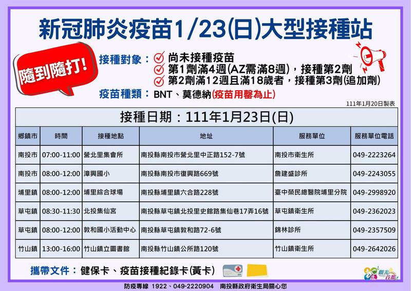 南投縣衛生局23日於4大鄉鎮市開設大型接種站。（南投縣衛生局提供）