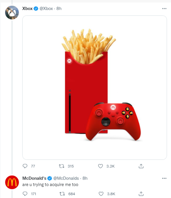 Xbox秀出紅黃配色的Xbox Series X的麥當勞薯條特仕機，麥當勞妙回：「你也想收購我嗎？」（圖擷自推特）