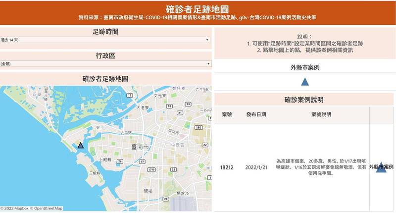 「台南COVID-19儀表板」呈現確診者足跡地圖，方便民眾即時了解防疫資訊。（台南市研考會提供）