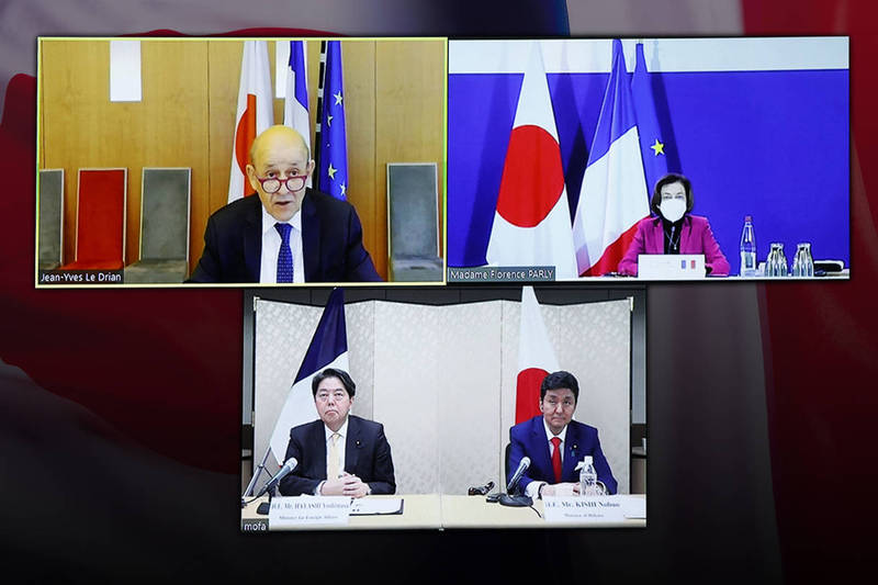 日本和法國20日晚間以視訊方式舉行外長防長二加二會議。（路透，本報合成）