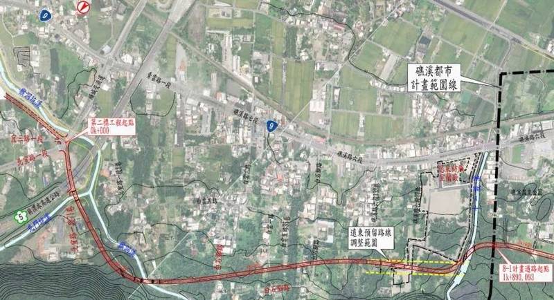 礁溪外環道起點（圖中標示第二標工程起點處）路口設計成五叉路口，居民憂心恐讓塞車更嚴重。（時代力量宜蘭縣黨部提供）