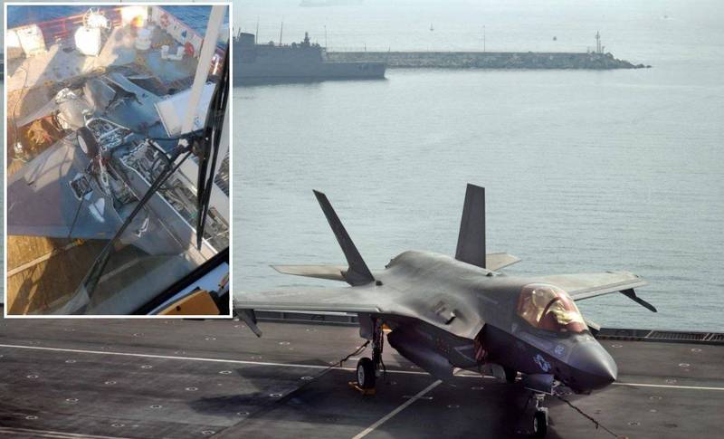 搭載於英國航艦「伊莉莎白女王號」的1架F-35B匿蹤戰機，去年11月從航艦上墜海，隔月英軍打撈上岸後，照片一直沒公開，不過近日殘骸照（白框處）突然在網路上廣為流傳。（法新社、推特，本報合成）