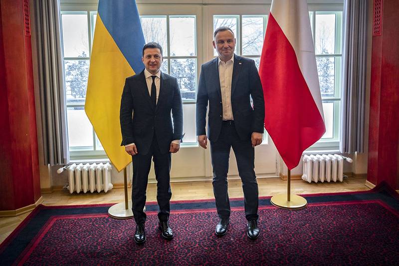 波蘭總統杜達（Andrzej Duda，右）1月20日在波蘭南部城市維斯拉（Wisla），和來訪的烏克蘭總統澤倫斯基磋商俄羅斯與烏克蘭危機。（美聯社）
