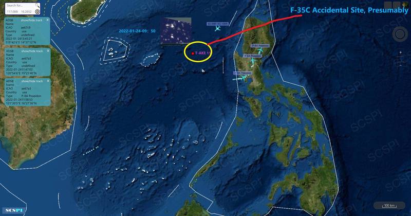 南海战略态势感知计划推测F-35C坠海地点可能在黄岩岛北方水域。（图翻摄自@SCS_PI推特）(photo:LTN)