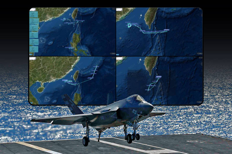 美軍疑阻止共軍對落海F-35C有所企圖，在南海進行高強度偵察。（路透、SCS Probing Initiative推特，本報合成）