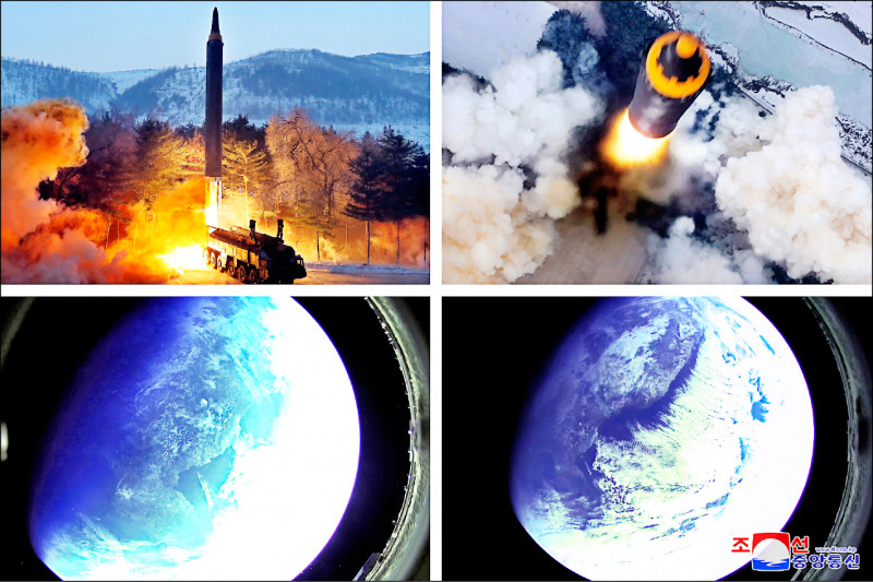 北韓官媒朝中社公布的火星十二型中程飛彈試射照，當中包括兩張由裝在彈頭上的相機自太空拍攝的地球照片。（歐新社）