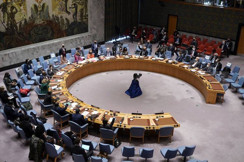 聯合國安理會針對烏克蘭問題召開會議。（美聯社）