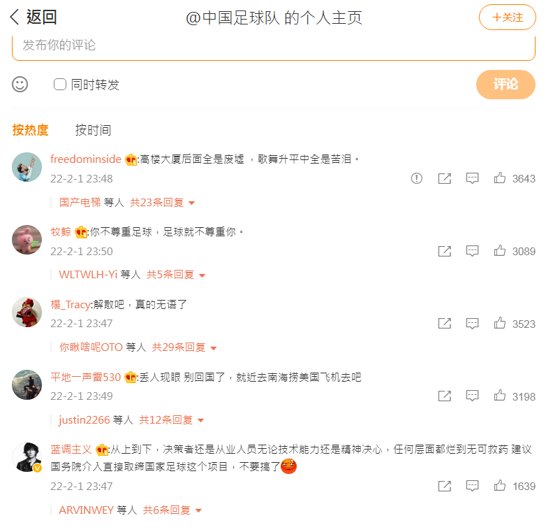 中国男足输球后，大量中国网友在微博上抱怨。（撷取自微博）(photo:LTN)