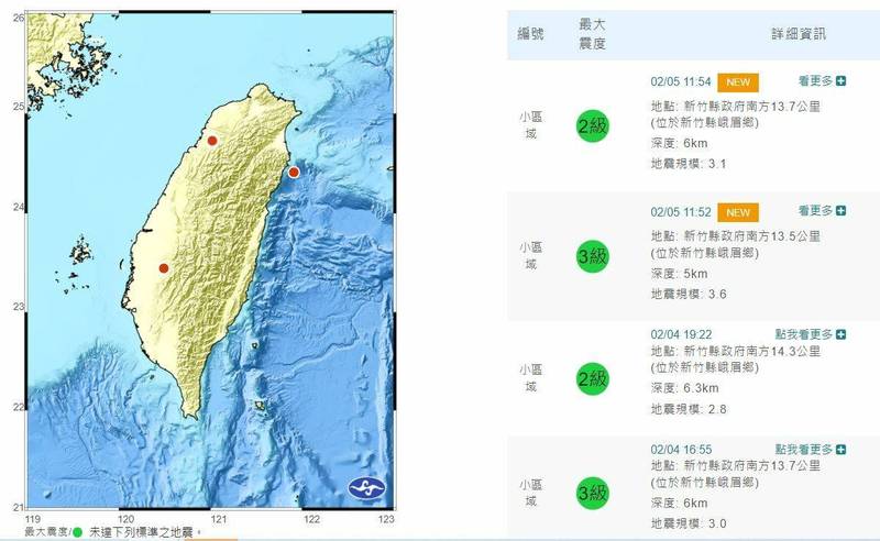 新竹縣峨眉鄉地區昨天8個多小時發生連續10個地震，今天上午再發生2起地震。（取自中央氣象局）