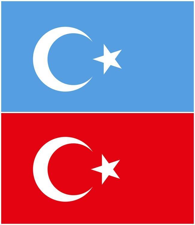 东突厥斯坦旗帜（上图）与土耳其国旗（下图）符号相同，仅底色不同。（图撷取自维基百科）(photo:LTN)