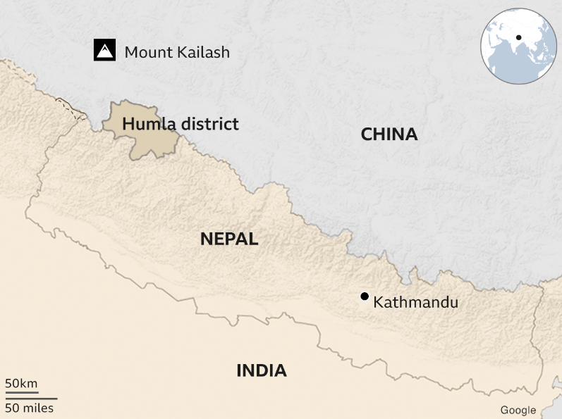 一份尼泊尔政府的外洩报告指称，中国正沿边境入侵尼国的胡姆拉地区。（图翻摄自Google地图）(photo:LTN)