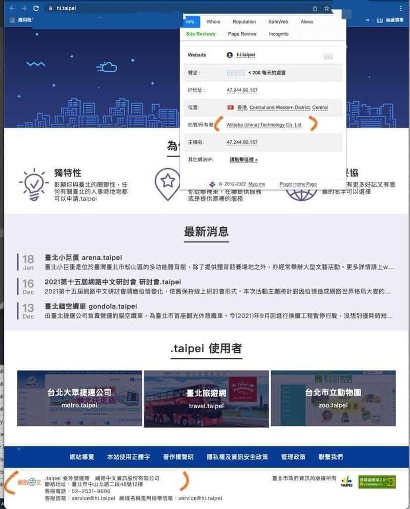 有網友於臉書PO出北市府「.taipei網域」頁面，其中託管、所有者顯示為「Alibaba（China）Technology Co. Ltd」（阿里巴巴中國科技公司），質疑北市府力推的台北通App伺服器竟是架在「China香港阿里雲」。（記者鄭名翔翻攝）
